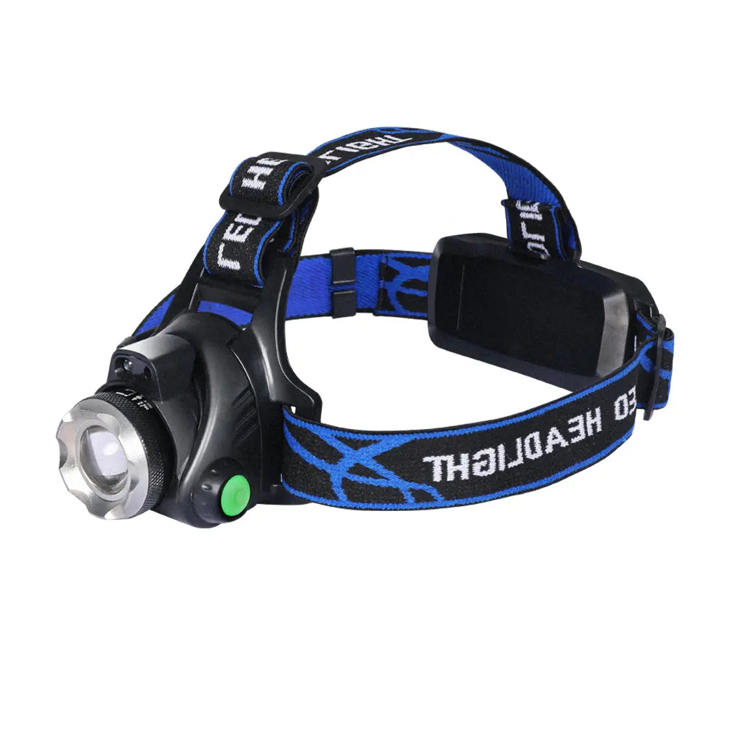 LED Outdoor Headlamp with adjustable headband and USB charging cable, designed for camping and outdoor activities.